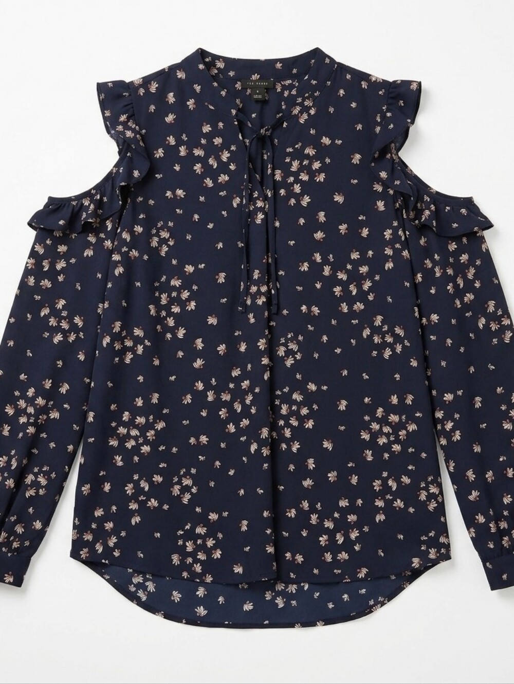 Ann Taylor Navy Floral Ruffle Blouse Womens Small #189